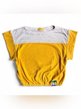 Mother yellow & white color block tee with sporty retro style size XS